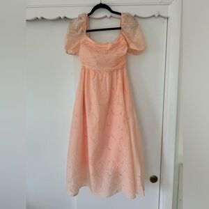 Chic Peach Puff Sleeve Midi Dress